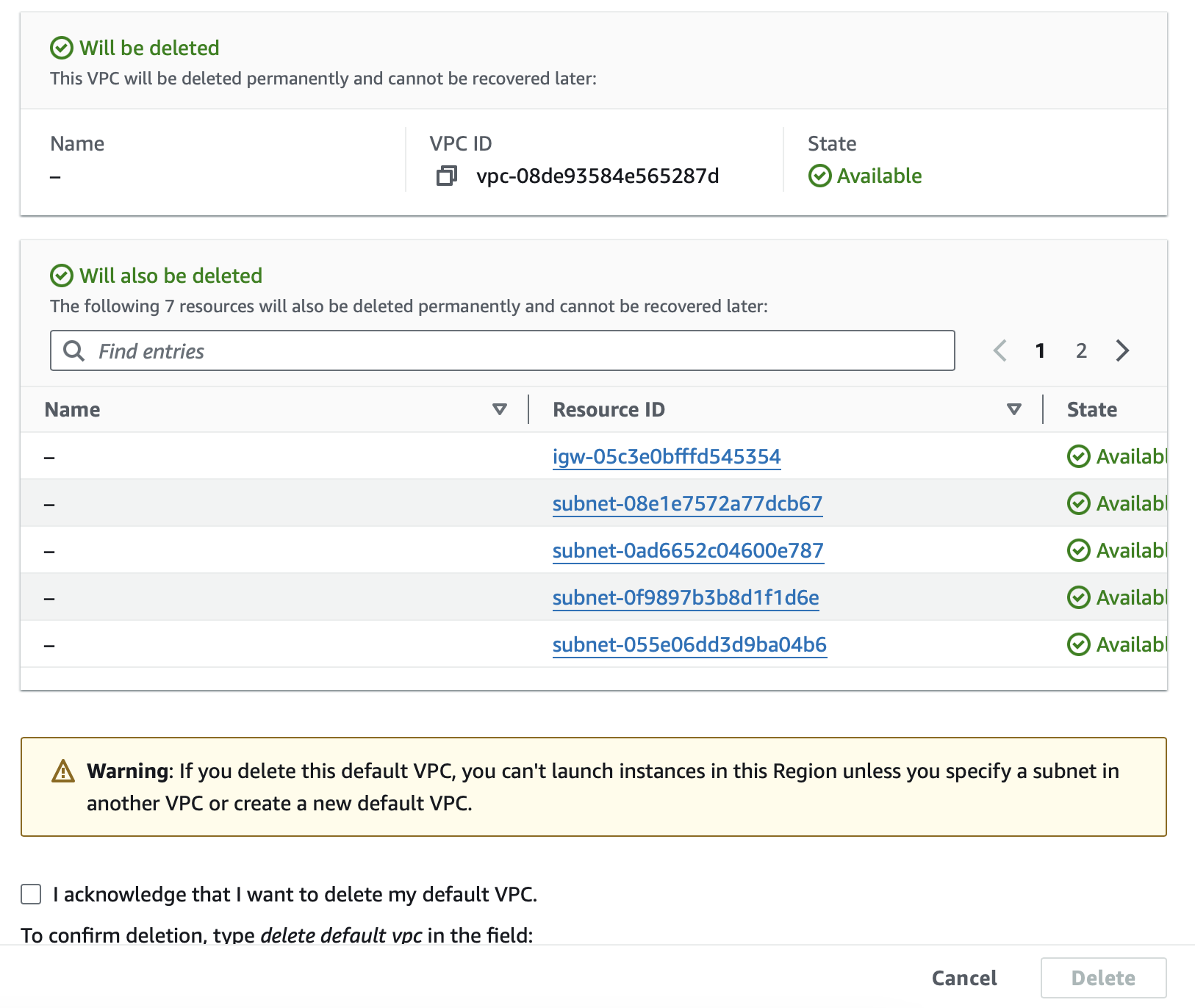 The AWS console's delete-default-VPC dialog, which cascades to the internet gateway and all default subnets
